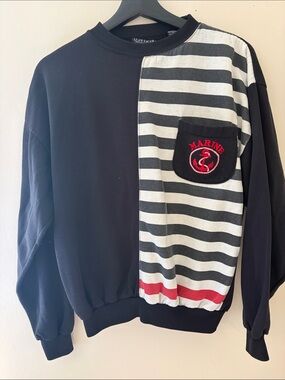 Marine Stripe Half-Panel Black Sweatshirt with Red Anchor Patch